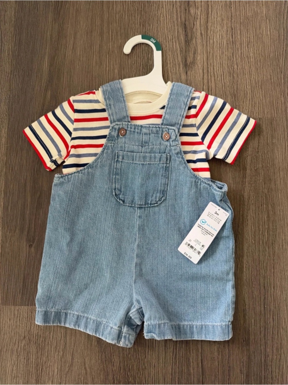 Carter's Red, Navy and Cream Striped Tee with Light Blue Denim Shortalls
